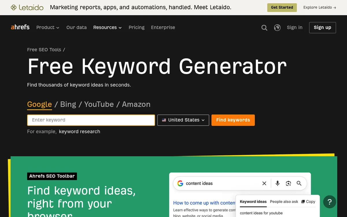 Ahrefs free Keyword Generator showing search volume and keyword ideas expanded from a seed term