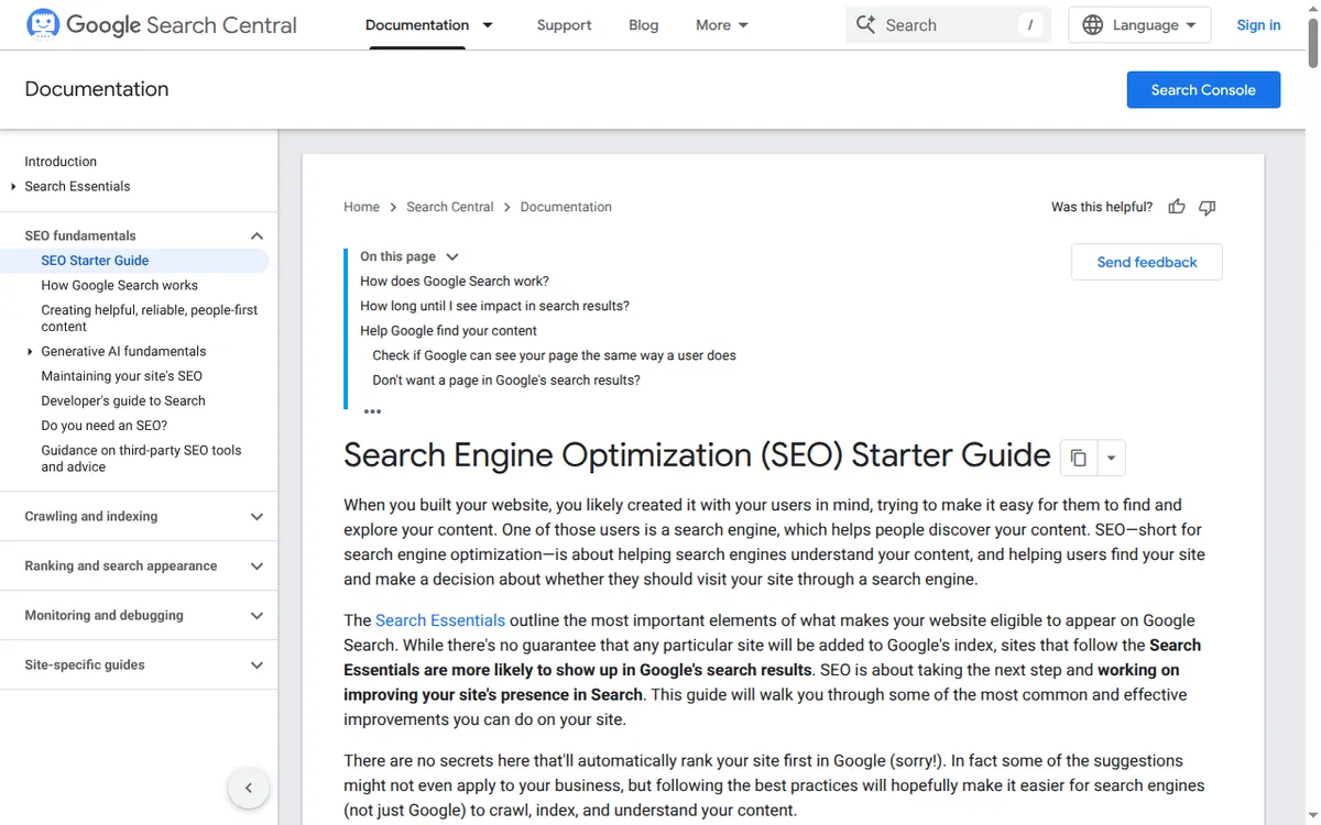 Google Search Central SEO Starter Guide, the official documentation covering crawling, indexing, and technical fundamentals