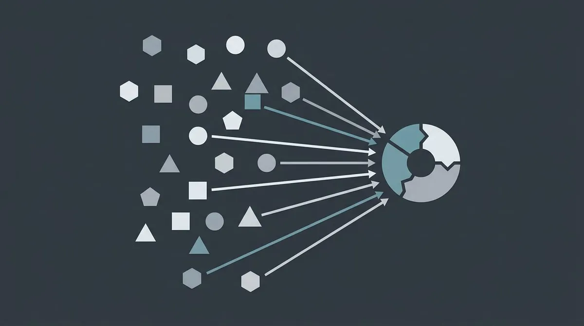 Flat diagram of many single-purpose marketing tools converging into one coordinated workflow hub