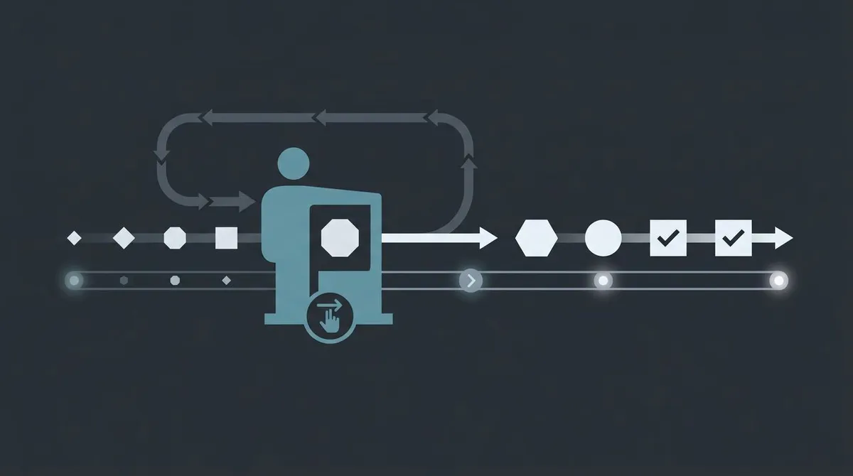 Automated tasks flowing along a pipeline and passing through a human approval checkpoint gate, with a branch looping back for review before publishing