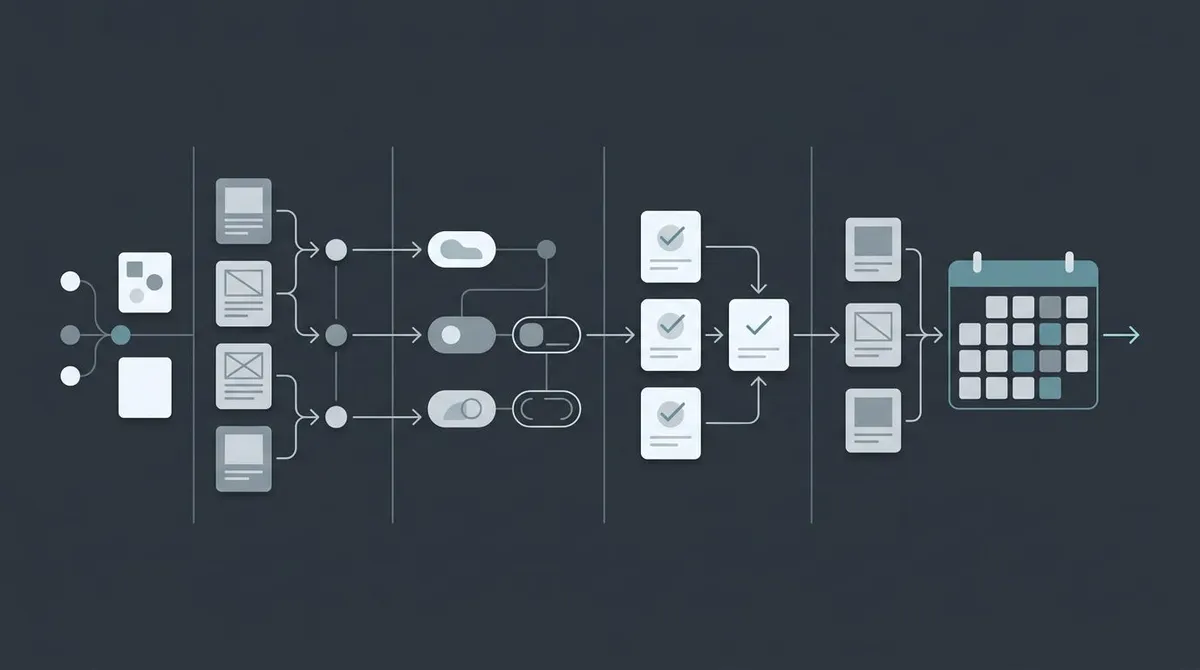 Flat diagram of content moving through pipeline stages as connected cards flowing toward a calendar grid, representing an editorial workflow