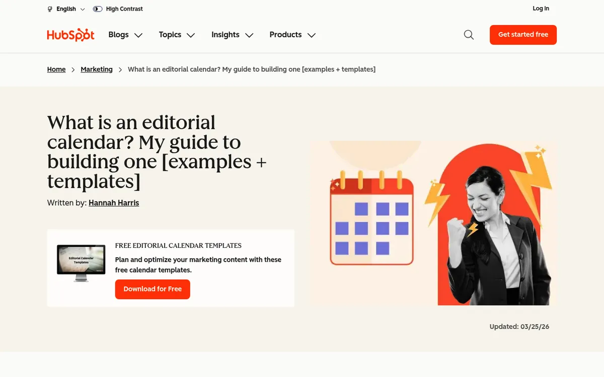 HubSpot's free editorial calendar templates page, offering downloadable content calendar templates for Google Sheets and Excel