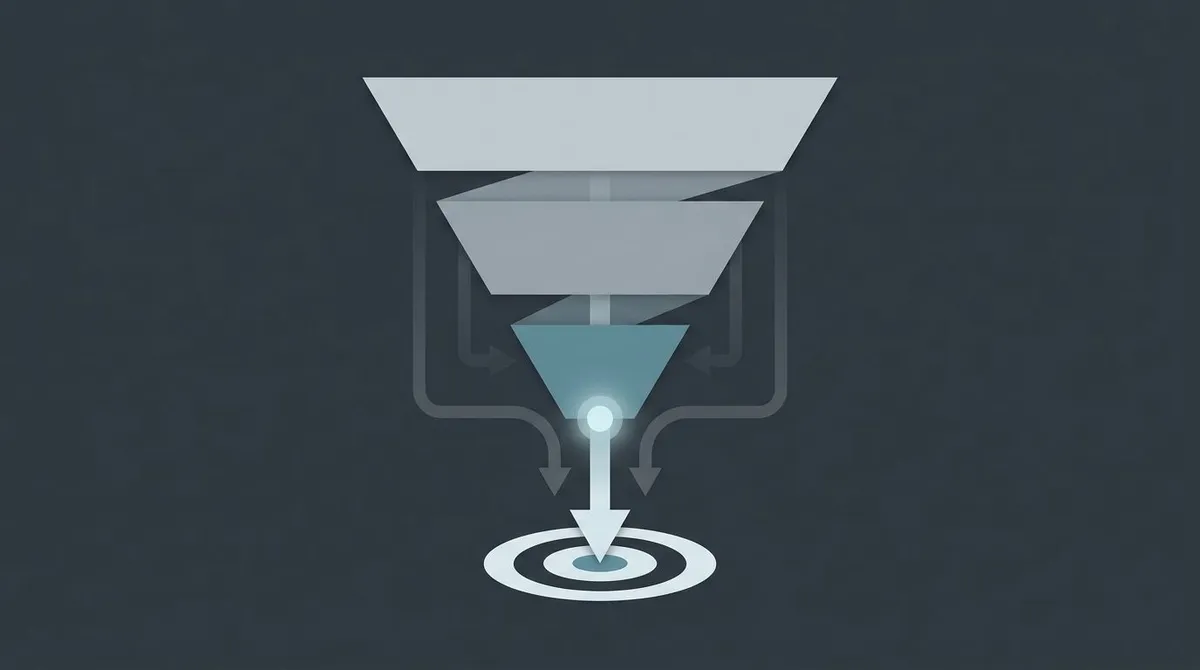 Inverted funnel diagram with the narrow bottom-of-funnel band highlighted and pointing to a conversion target