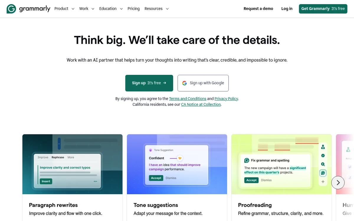 Grammarly homepage showing its real-time grammar, clarity, and tone editing assistant