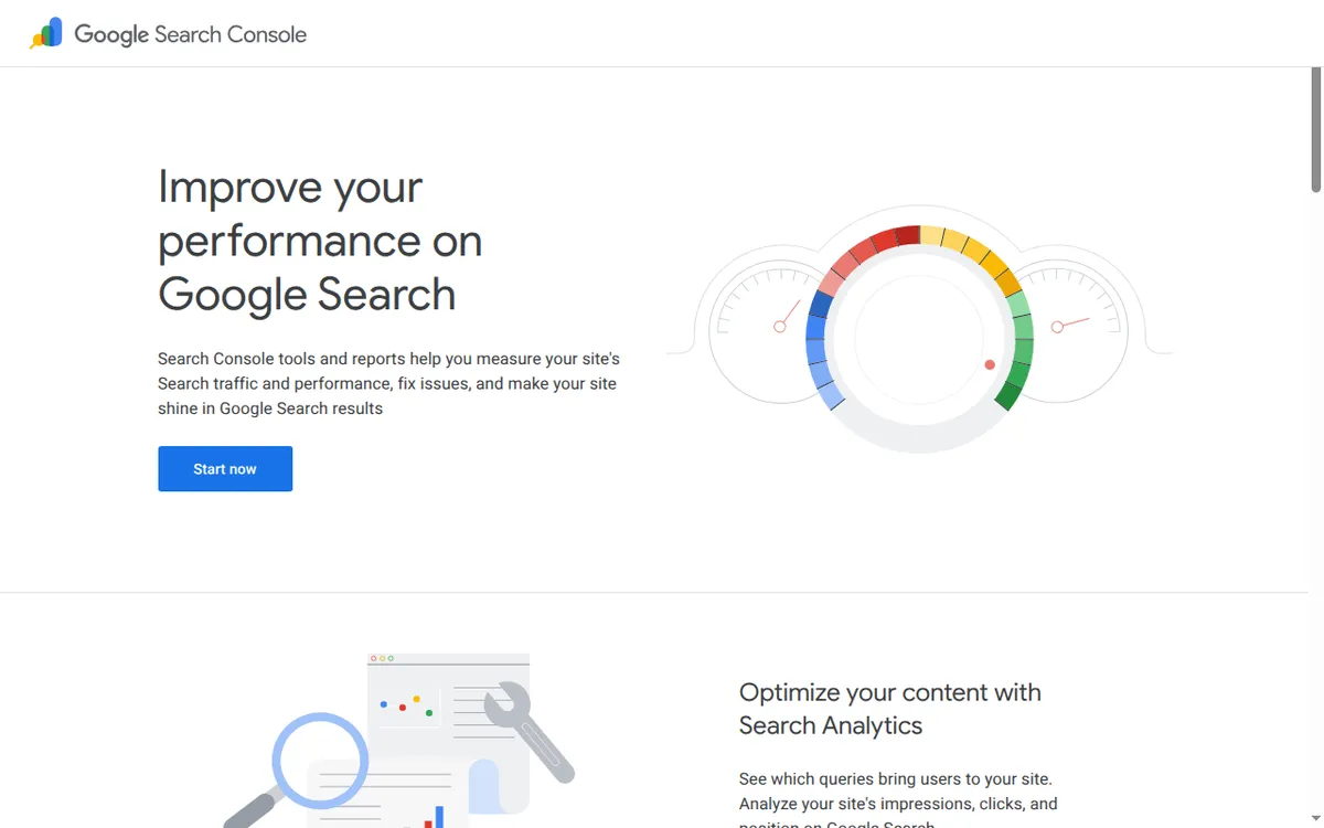 Google Search Console marketing homepage showing its search performance and indexing tools