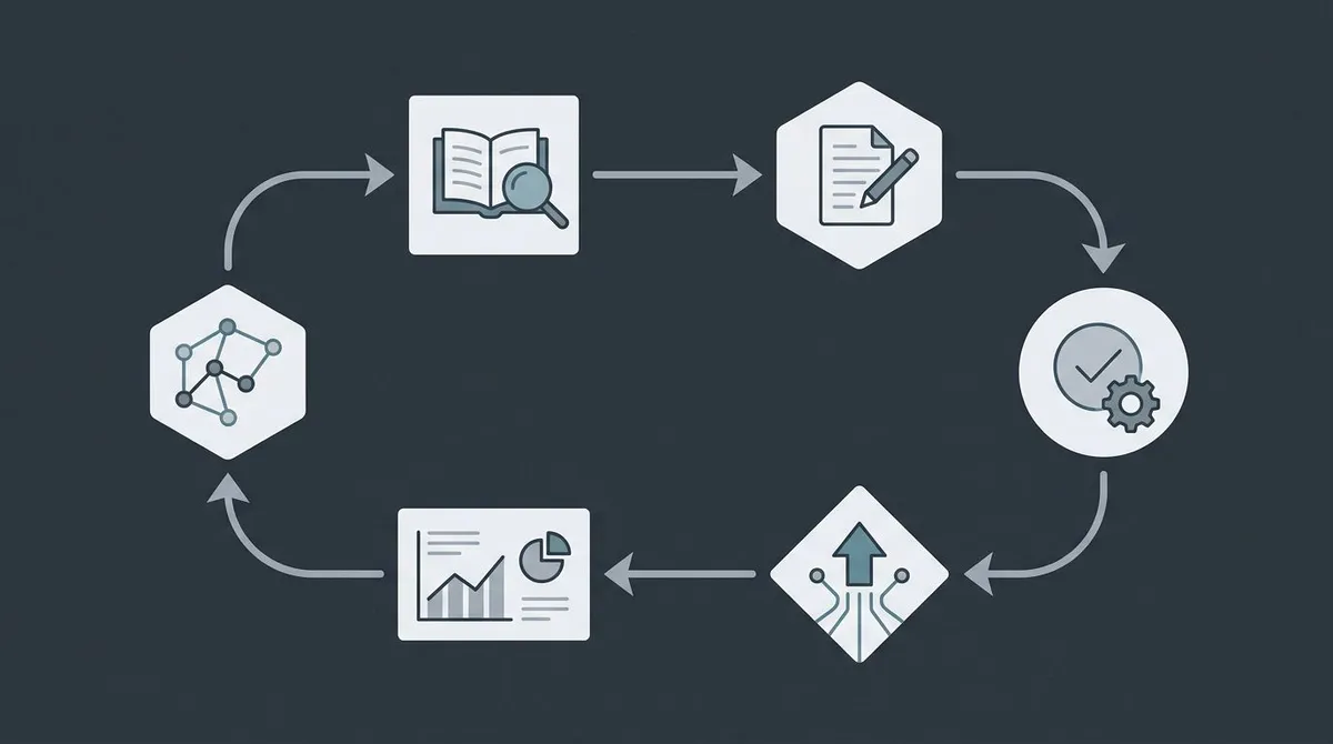 Flat diagram of a six-node automation loop connected by arrows, representing the continuous research-to-publish SEO cycle