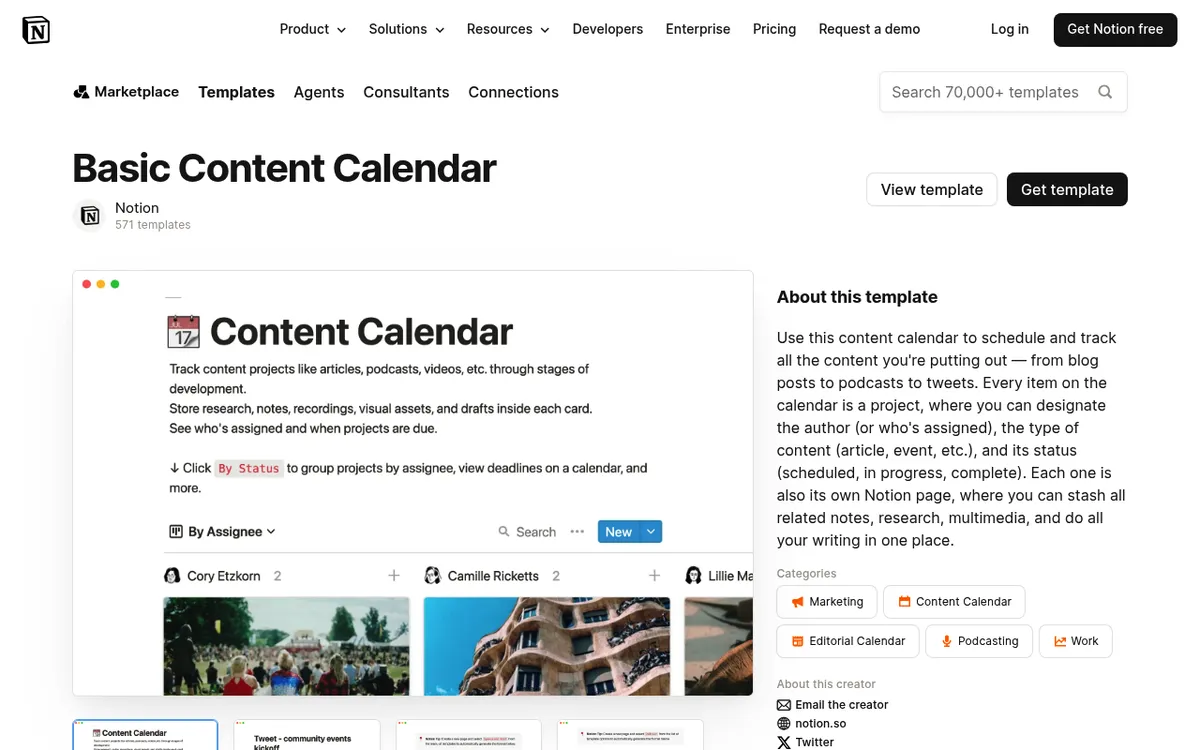 Notion's content calendar template page showing a ready-made calendar database layout for planning posts