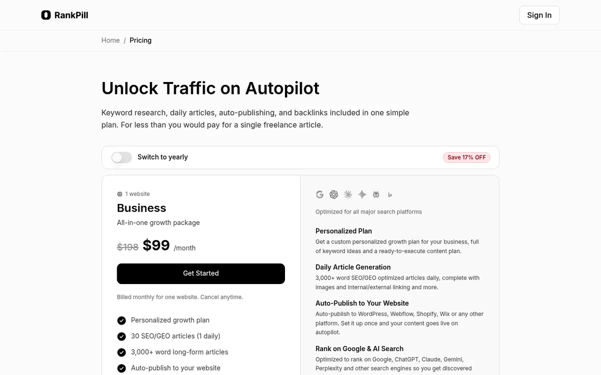 RankPill's tiered pricing plans on its pricing page