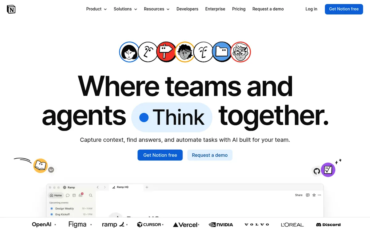 Screenshot of the Notion product page showing its connected workspace for docs, projects, and planning
