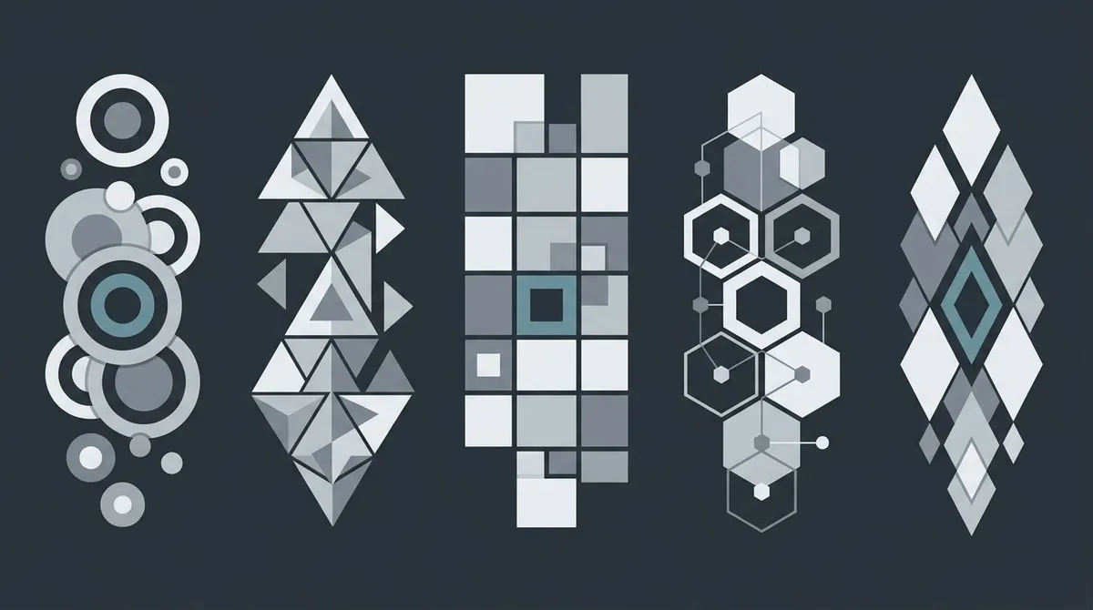 Five separate clusters of shapes representing the five disconnected jobs AI SEO tools do: research, writing, optimization, tracking, and AI-visibility