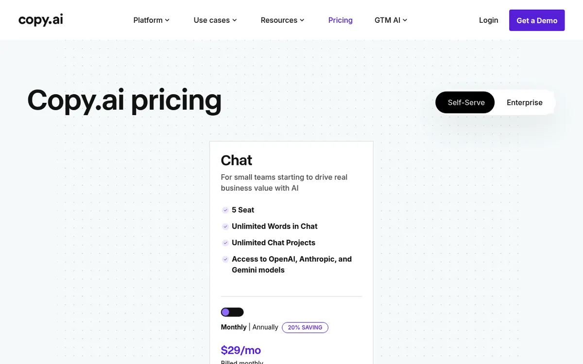 Copy.ai's pricing page showing its free tier and paid plan options