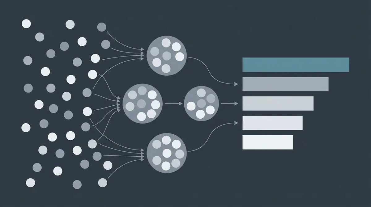 Diagram of scattered keyword ideas grouping into clusters and flowing into an ordered, prioritized publishing queue