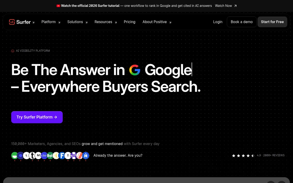 Surfer SEO's homepage, a specialist on-page optimization tool that scores drafts against top-ranking pages