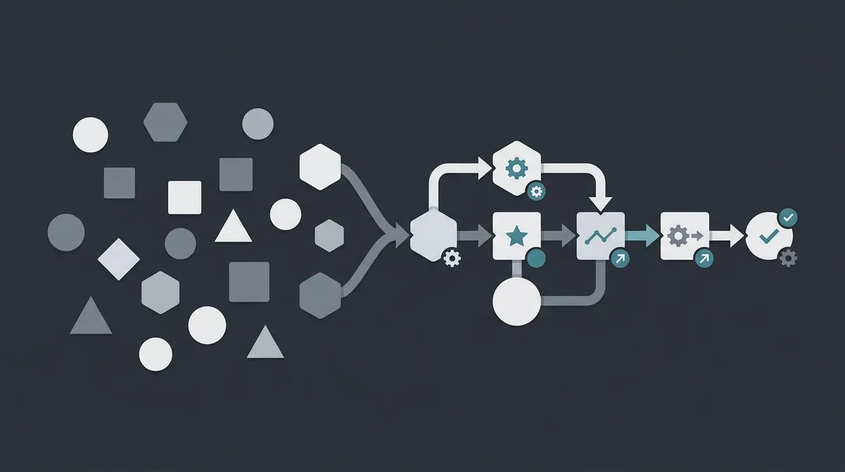 Diagram contrasting a stack of scattered point tools with one connected content workflow pipeline