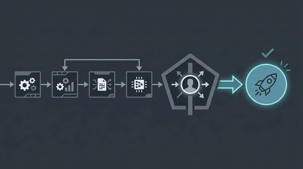Automated content pipeline flowing into a single human approval gate before publishing