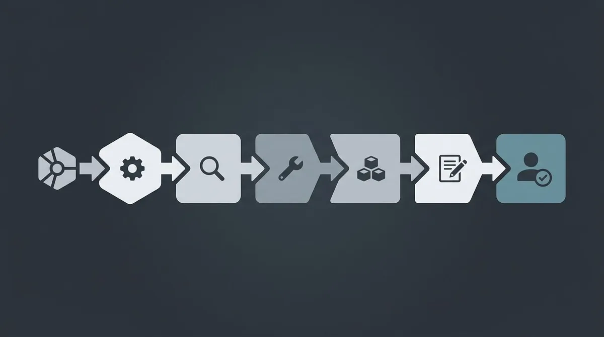 A content pipeline moving from research to draft to edit, ending at a human approval checkpoint