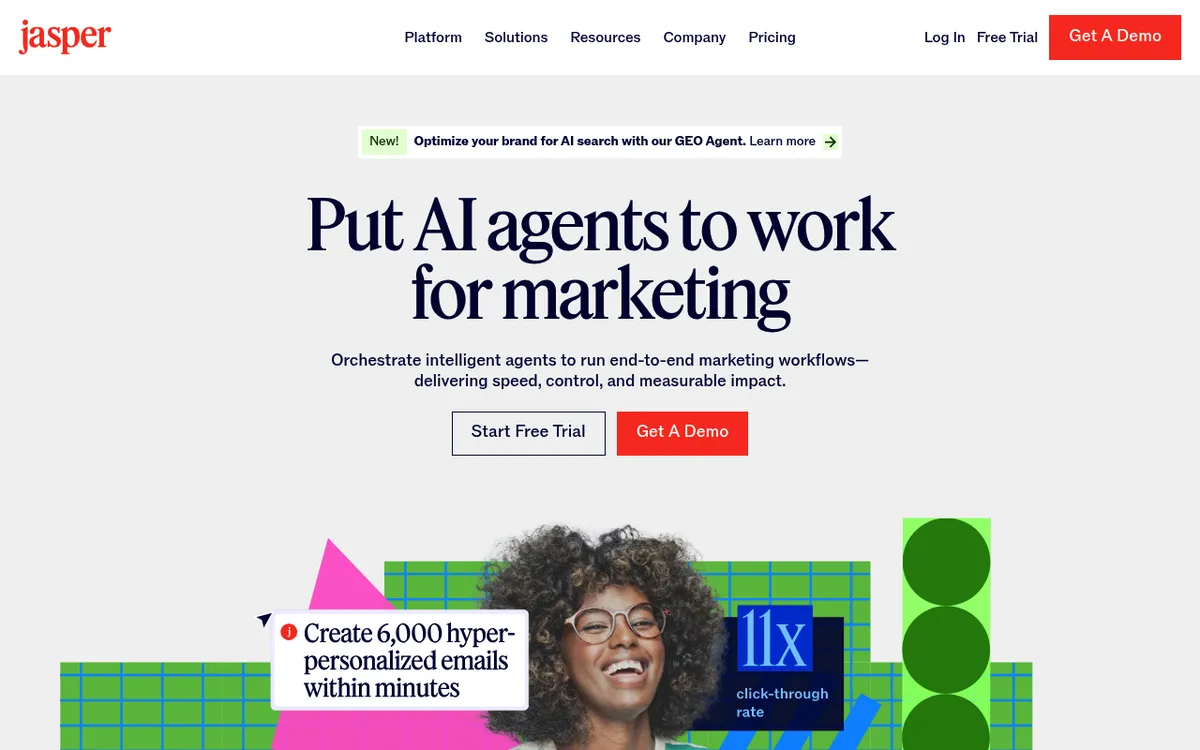 Jasper AI homepage showing its brand-voice marketing copy generator