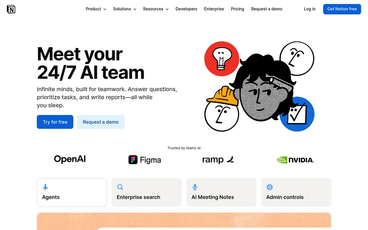 Notion AI product page showing an assistant that connects to your workspace and tools