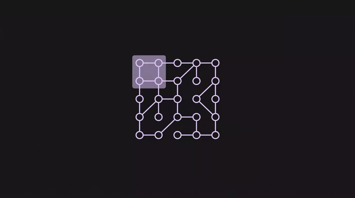 Network of connected page nodes with one topic cluster highlighted in the internal linking structure
