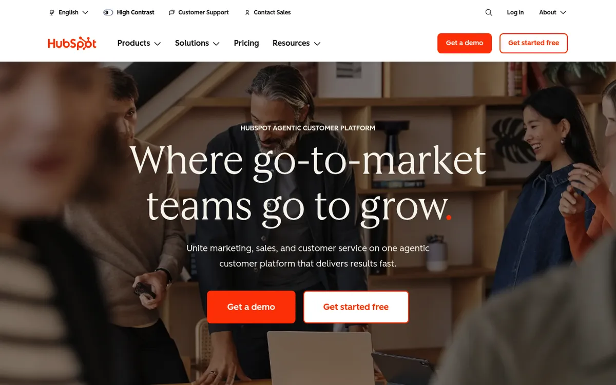 HubSpot homepage presenting its all-in-one marketing, content, and CRM platform