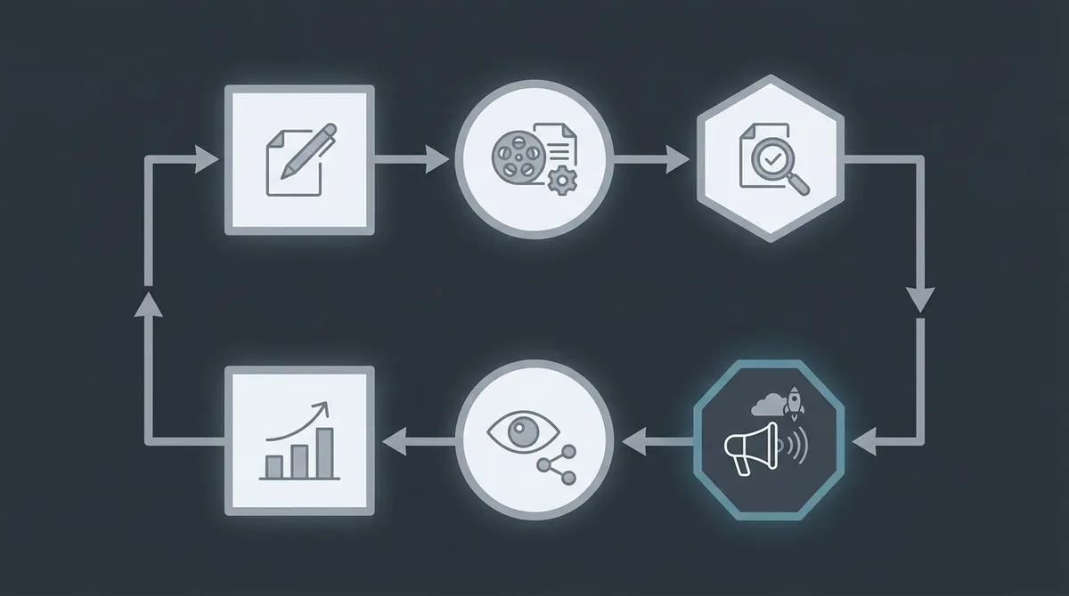 Six connected stages arranged as a cyclical assembly line, with the final stage looping back to feed the first