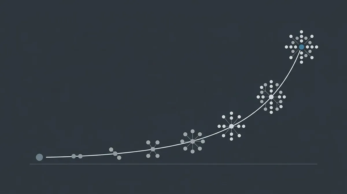 Diagram of a single seed growing into a rising, compounding curve of connected nodes over time