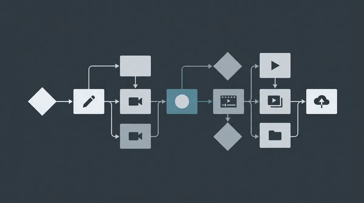 Flat diagram of a content production pipeline as connected nodes flowing through research, brief, draft, edit, and publish stages
