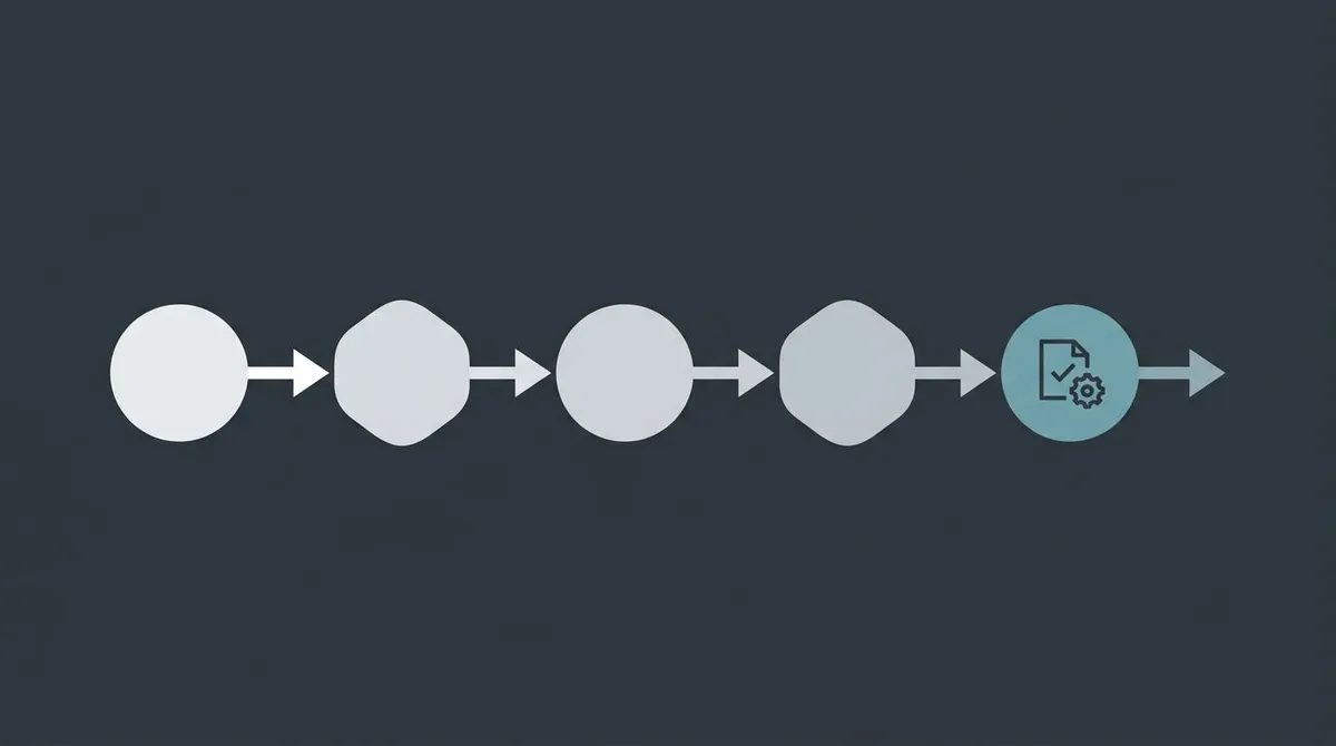 A chain of connected workflow stages handing work left to right into a single highlighted approval checkpoint, showing one continuous pipeline instead of siloed tools