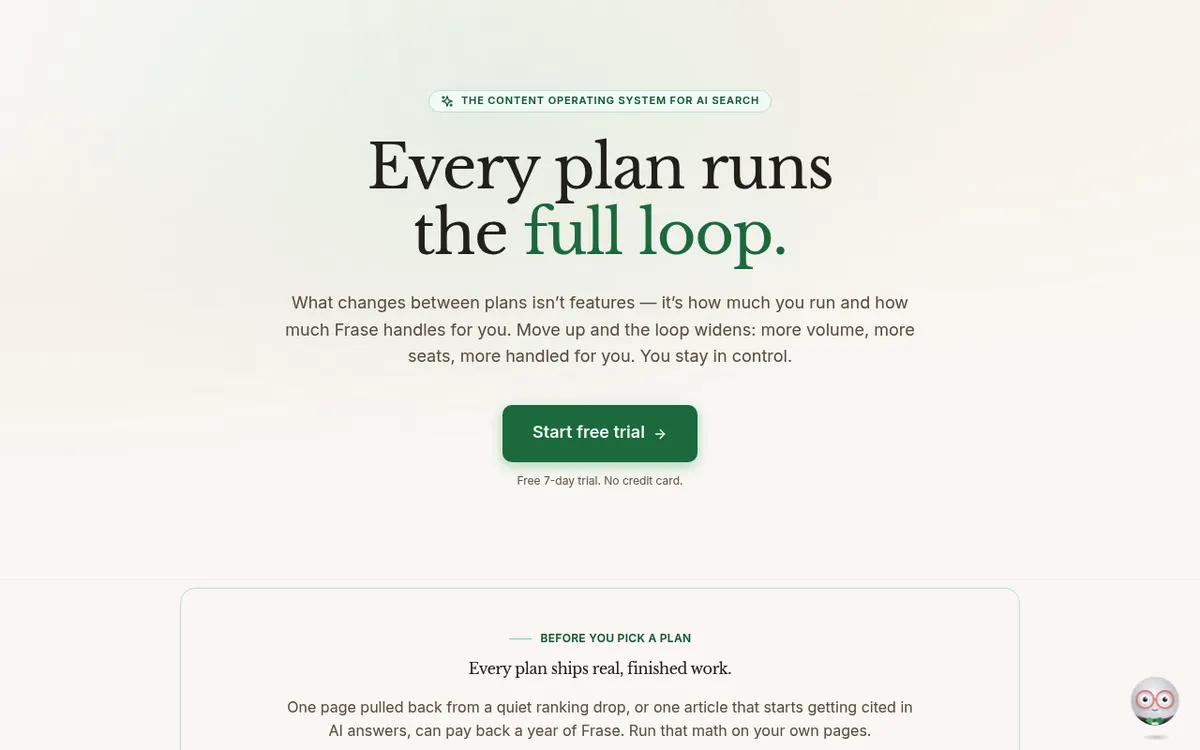 Frase's pricing page, showing tiered plans that meter AI-generated words by plan