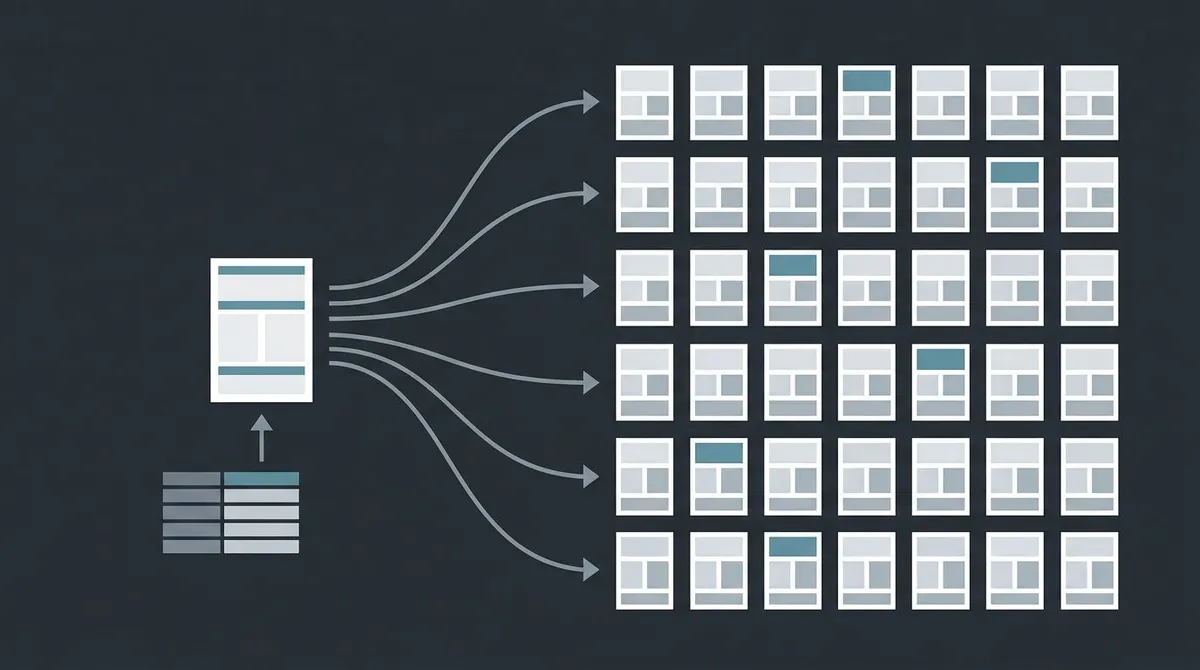 Diagram of a single page template combined with a structured data source fanning out into many generated pages
