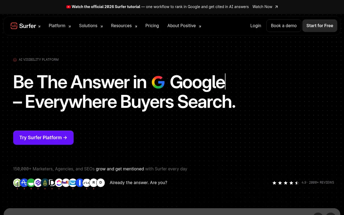 SurferSEO homepage highlighting its SERP-driven on-page content optimization