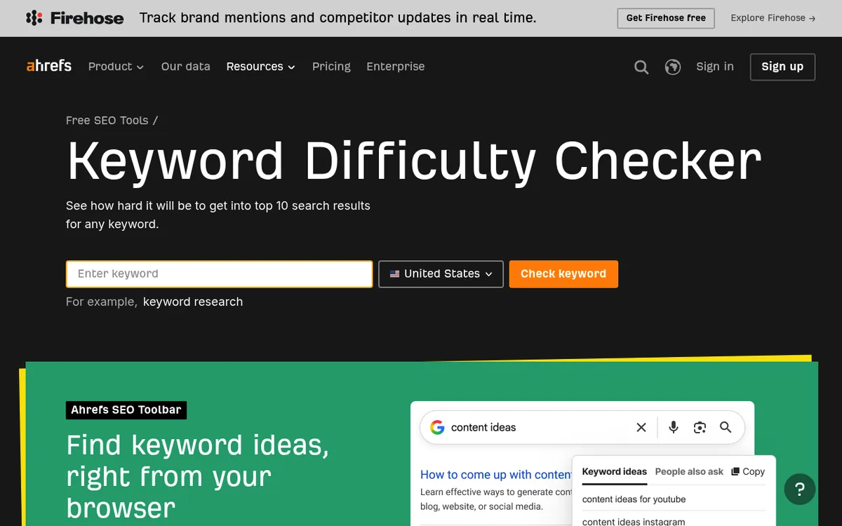 Ahrefs' free Keyword Difficulty checker showing a KD score for a search term alongside estimated backlinks needed to rank