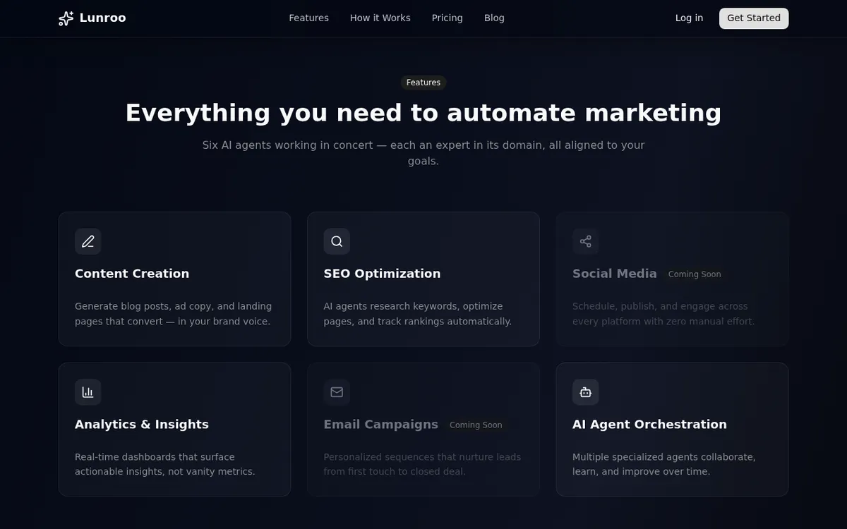 Lunroo product features section showing the coordinated AI agent team and workflow